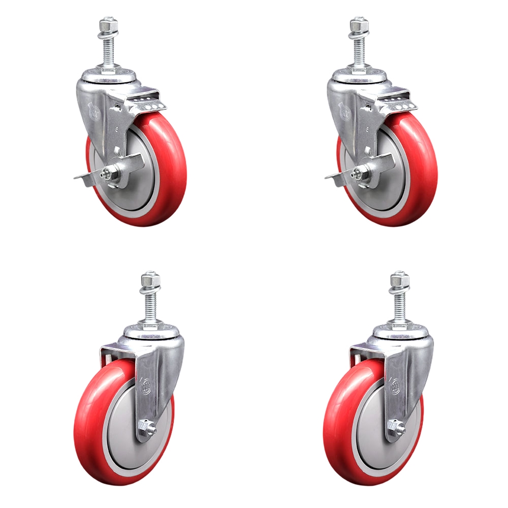 SCC-TS20S514-PPUB-RED-TLB-381615-2-S-2 Polyurethane Swivel Threaded Stem Caster with 5 x 1.25 in. Red Wheels & 0.38 in. Stems - Set of 4