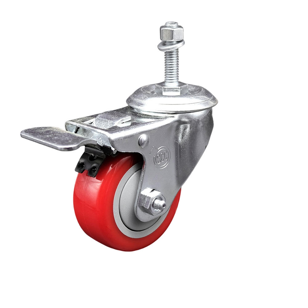 Stainless Steel Polyurethane Swivel Threaded Stem Caster with 3.5 x 1.25 in. Red Wheel & 0.38 in. Stem & Total Locking Brake