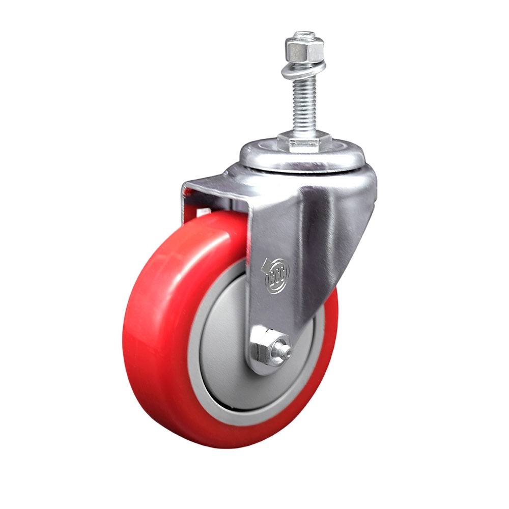 SCC-SSTS20S414-PPUB-RED-381615 Stainless Steel Polyurethane Swivel Threaded Stem Caster with 4 x 1.25 in. Red Wheel & 0.38 in. Stem