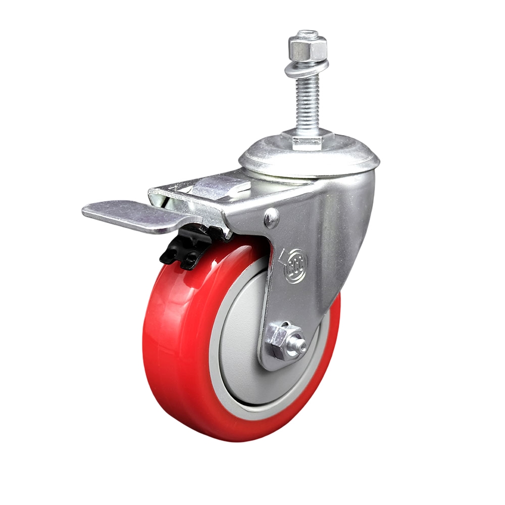 Stainless Steel Polyurethane Swivel Threaded Stem Caster with 4 x 1.25 in. Red Wheel & 0.38 in. Stem & Total Locking Brake