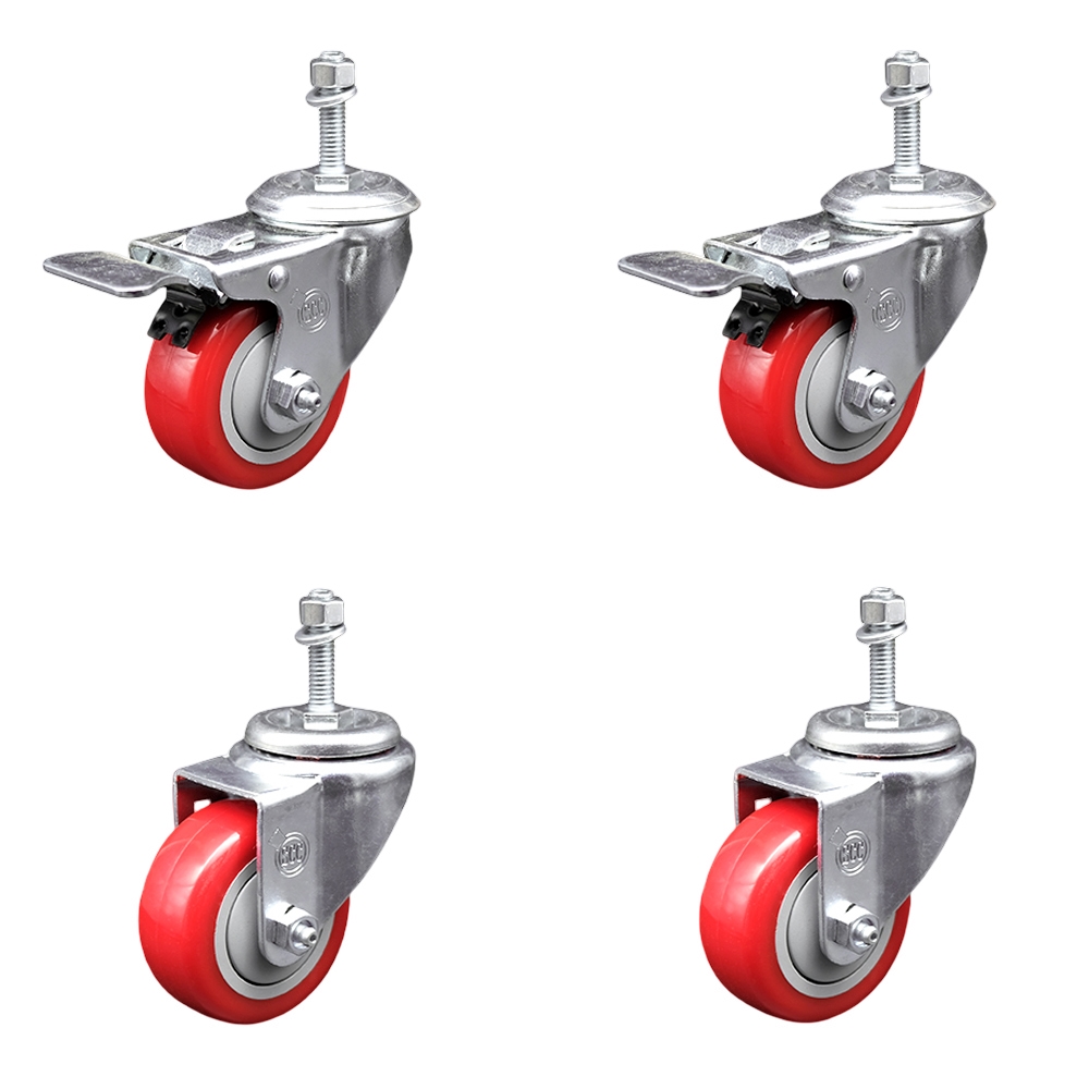 SCC-TSTTL20S3514-PPUB-RED-M1015-2-S-2 Polyurethane Swivel Threaded Stem Caster with 3.5 x 1.25 in. Red Wheels & 10 mm Stems - Set of 4