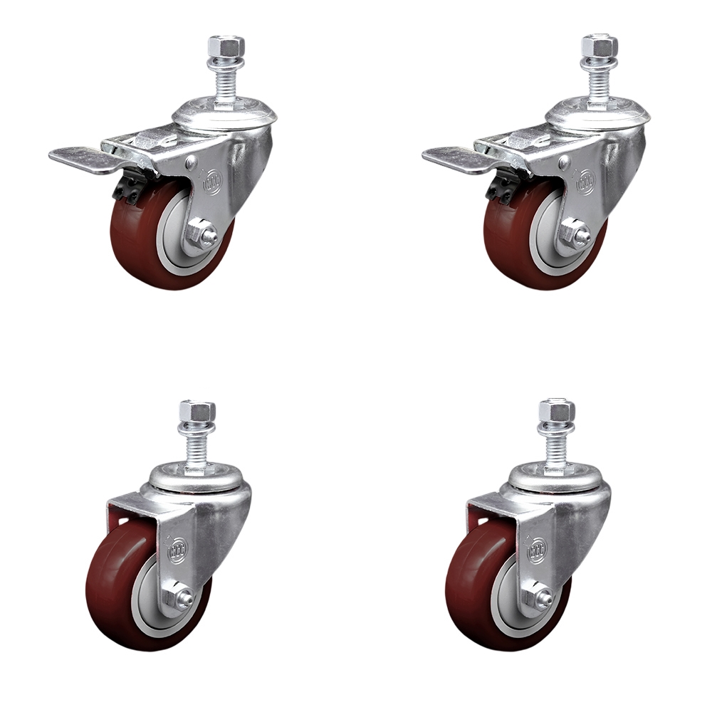Stainless Steel Polyurethane Swivel Threaded Stem Caster with 3.5 x 1.25 in. Maroon Wheels & 0.5 in. Stems - Set of 4
