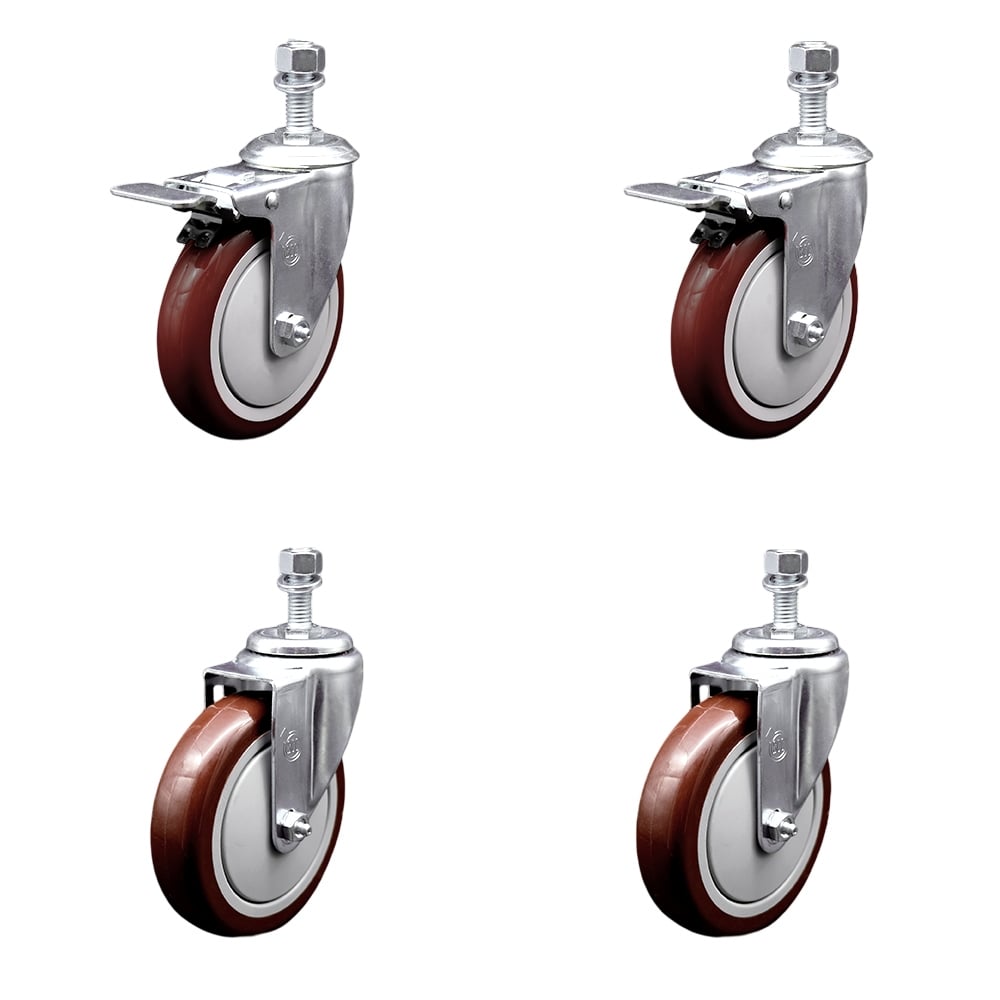Stainless Steel Polyurethane Swivel Threaded Stem Caster with 5 x 1.25 in. Maroon Wheels & 0.5 in. Stems - Set of 4
