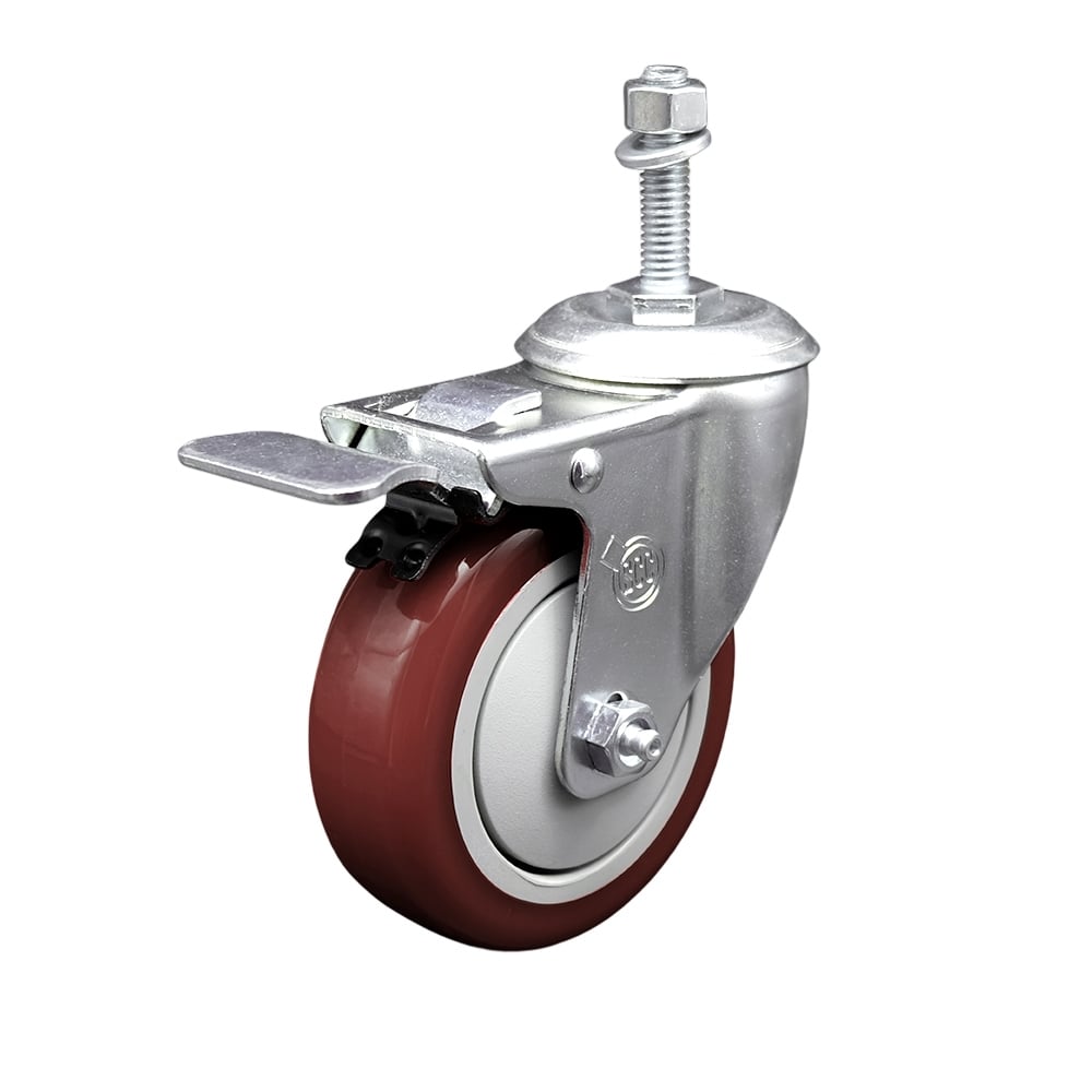 SCC-TSTTL20S414-PPUB-MRN-381615 Polyurethane Swivel Threaded Stem Caster with 4 x 1.25 in. Maroon Wheel & 0.38 in. Stem & Total Locking Brake
