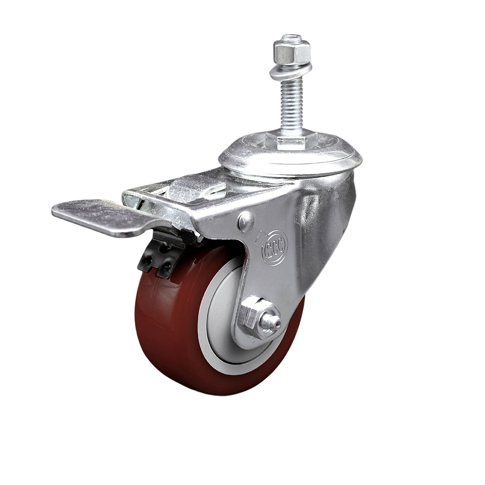 Stainless Steel Polyurethane Swivel Threaded Stem Caster with 3.5 x 1.25 in. Maroon Wheel & 0.38 in. Stem & Total Locking Brake