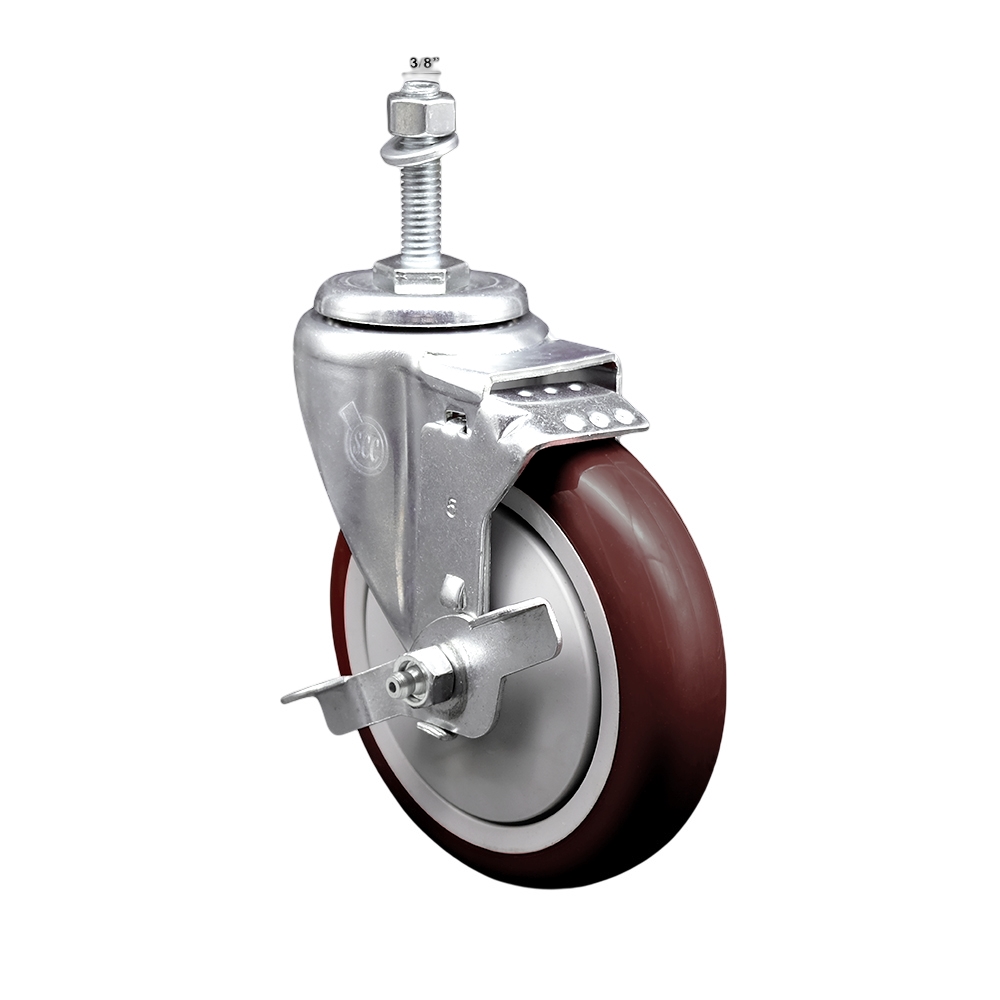 Stainless Steel Polyurethane Swivel Threaded Stem Caster with 5 x 1.25 in. Maroon Wheel & 0.38 in. Stem & Top Locking Brake