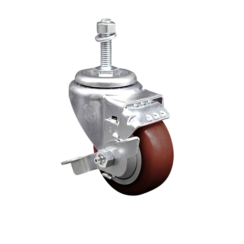 SCC-TS20S3514-PPUB-MRN-TLB-M1015 Polyurethane Swivel Threaded Stem Caster with 3.5 x 1.25 in. Maroon Wheel & 10 mm Stem & Top Locking Brake
