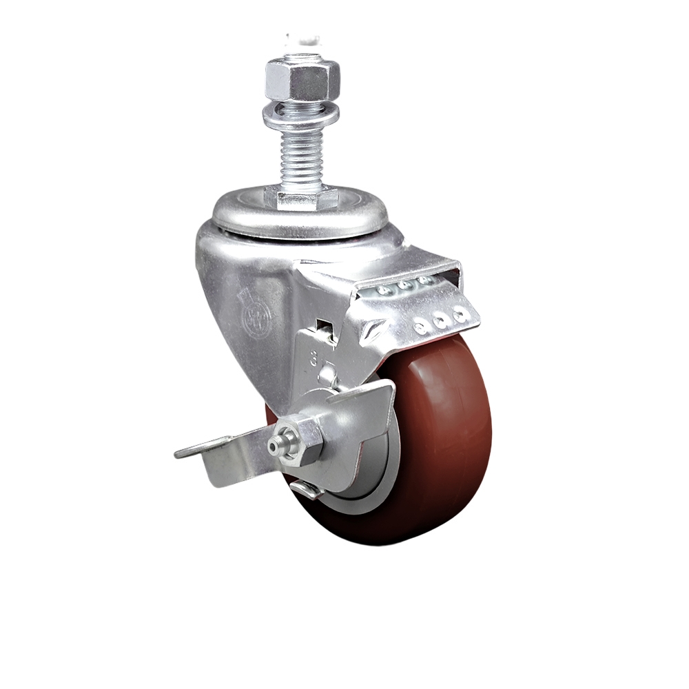 Stainless Steel Polyurethane Swivel Threaded Stem Caster with 3 x 1.25 in. Maroon Wheel & 12 mm Stem & Top Locking Brake