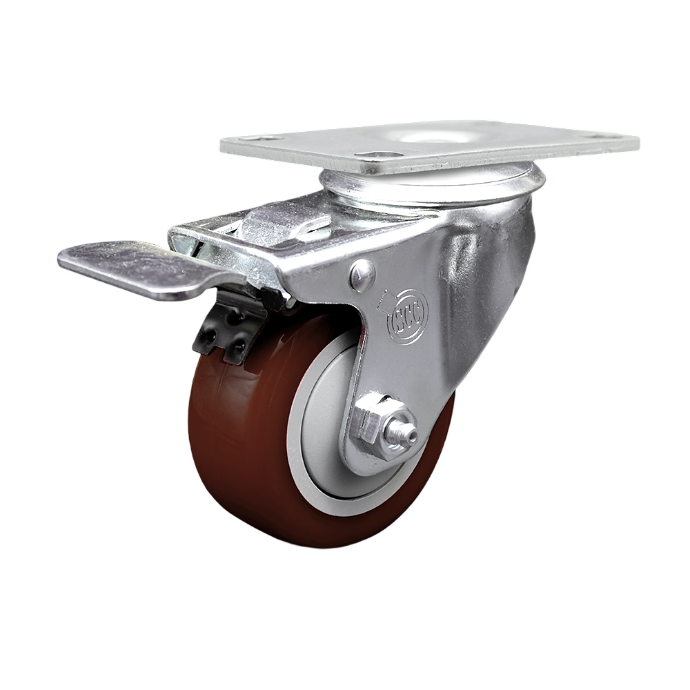 SCC-SSTTL20S3514-PPUB-MRN Stainless Steel Polyurethane Swivel Top Plate Caster with 3.5 x 1.25 in. Maroon Wheel & Total Locking Brake