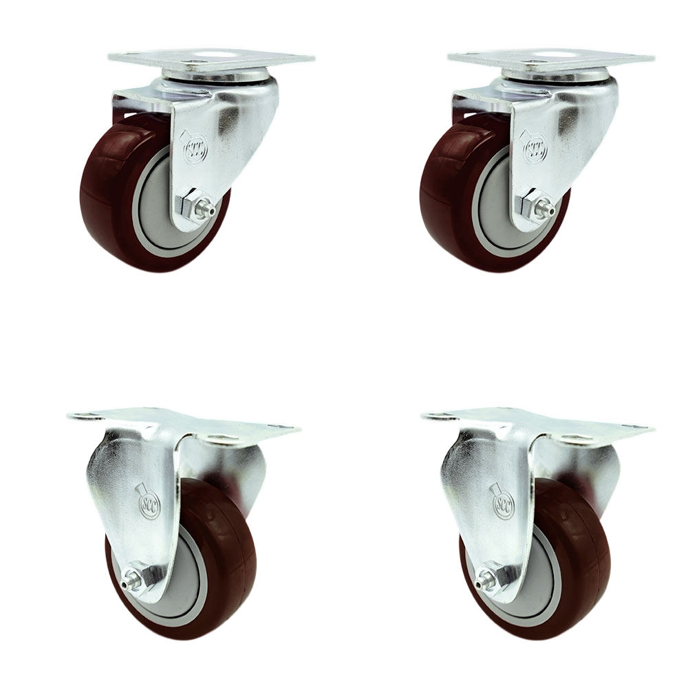 SCC-SS20S3514-PPUB-MRN-2-R3514-2 Stainless Steel Polyurethane Swivel Top Plate Caster with 3.5 x 1.25 in. Maroon Wheels - Set of 4