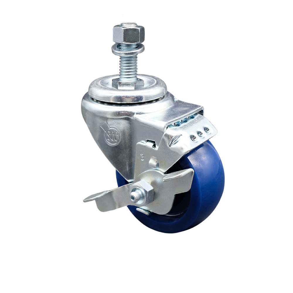 SCC-TS20S3514-SPUS-TLB-M1215 Solid Polyurethane Swivel Threaded Stem Caster with 3.5 x 1.25 in. Blue Wheel & 12 mm Stem & Top Locking Brake