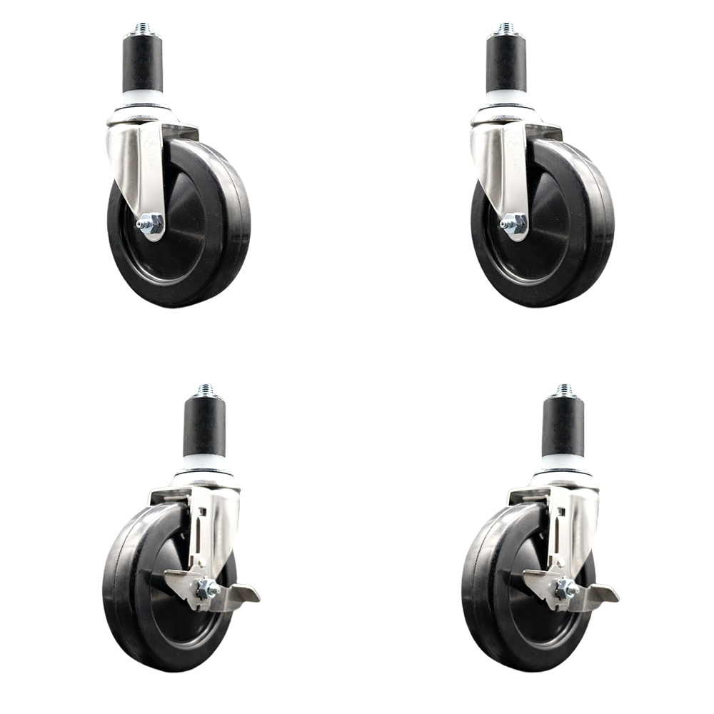 Hard Rubber Swivel Stem Caster with 5 in. Caster Wheels, 1.5 in. Expanding Stems - 316 Stainless Steel Casters - Set of 4