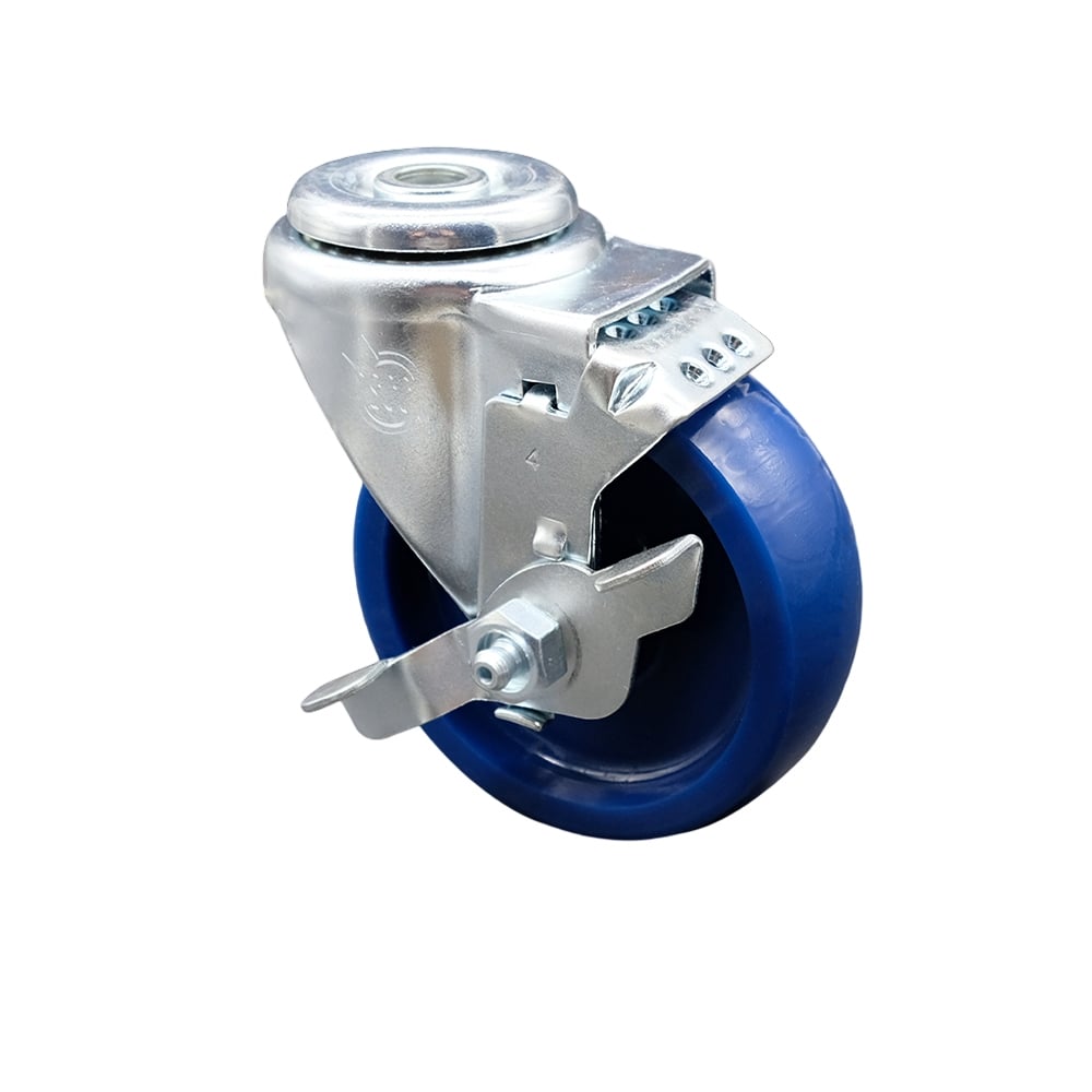SCC-SSBH20S414-SPUS-TLB Stainless Steel Solid Polyurethane Swivel Bolt Hole Caster with 4 x 1.25 in. Blue Wheel & Top Locking Brake