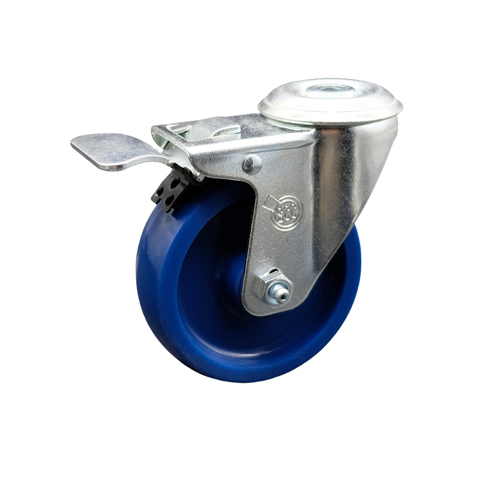 SCC-SSBHTTL20S414-SPUS Stainless Steel Solid Polyurethane Swivel Bolt Hole Caster with 4 x 1.25 in. Blue Wheel & Total Locking Brake