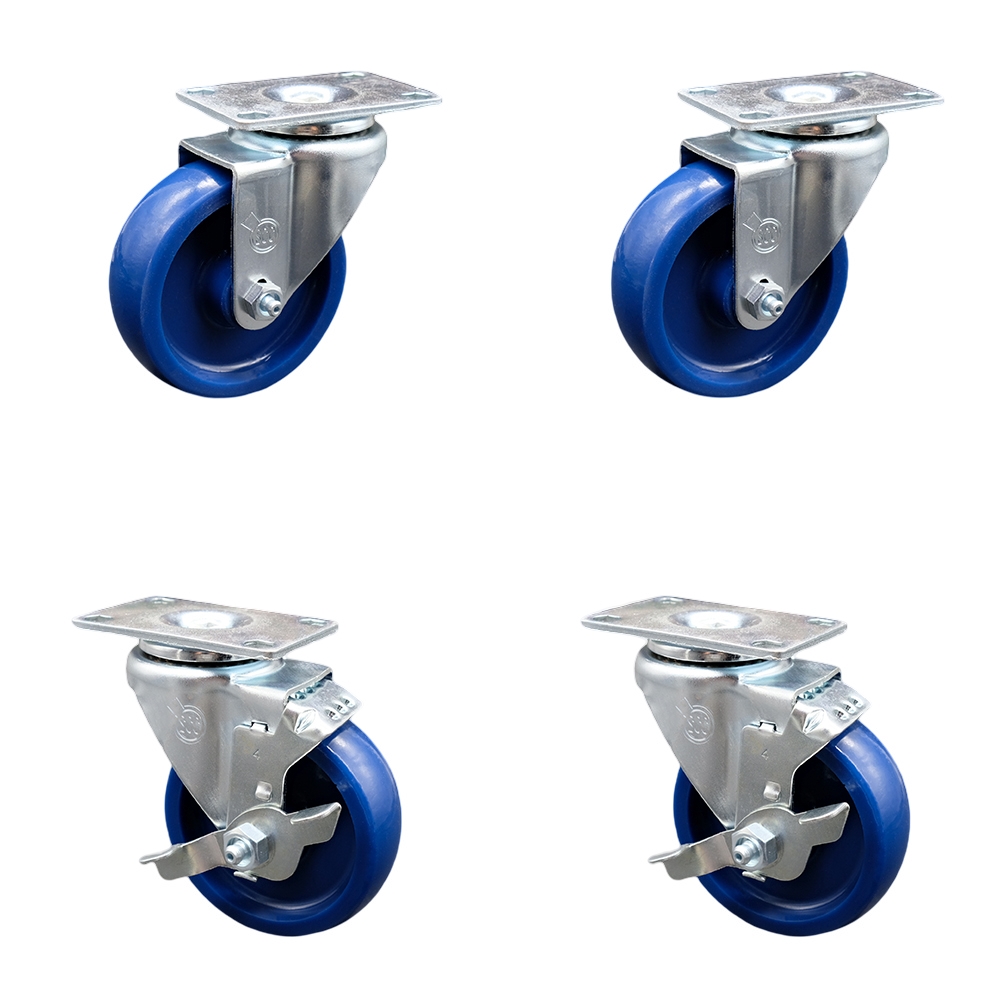 SCC-SS20S414-SPUS-2-TLB-2 Stainless Steel Solid Polyurethane Swivel Top Plate Caster with 4 x 1.25 in. Blue Wheels - Set of 4