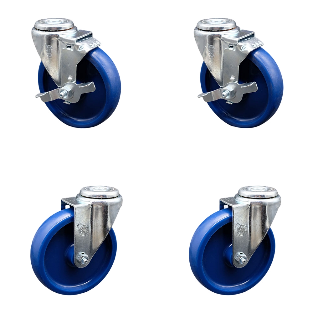 SCC-SSBH20S514-SPUS-2-TLB-2 Stainless Steel Solid Polyurethane Swivel Bolt Hole Caster with 5 x 1.25 in. Blue Wheels - Set of 4