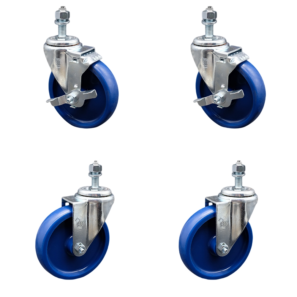 Stainless Steel Solid Polyurethane Swivel Threaded Stem Caster with 5 x 1.25 in. Blue Wheels & 0.5 in. Stems - Set of 4