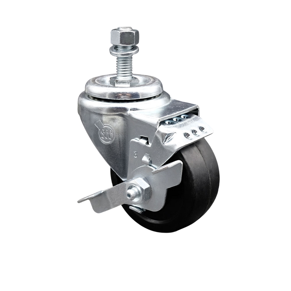 SCC-TS20S314-SRS-TLB-121315 Soft Rubber Swivel Threaded Stem Caster with 3 x 1.25 in. Black Wheel & 0.5 in. Stem & Top Locking Brake