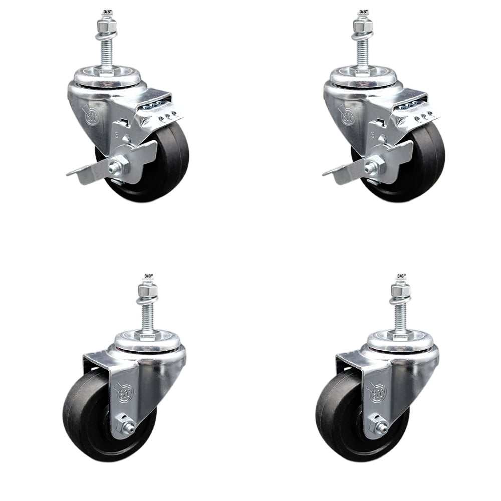 SCC-SSTS20S314-SRS-381615-2-TLB-2 Stainless Steel Soft Rubber Swivel Threaded Stem Caster with 3 x 1.25 in. Black Wheels & 0.38 in. Stems - Set of 4