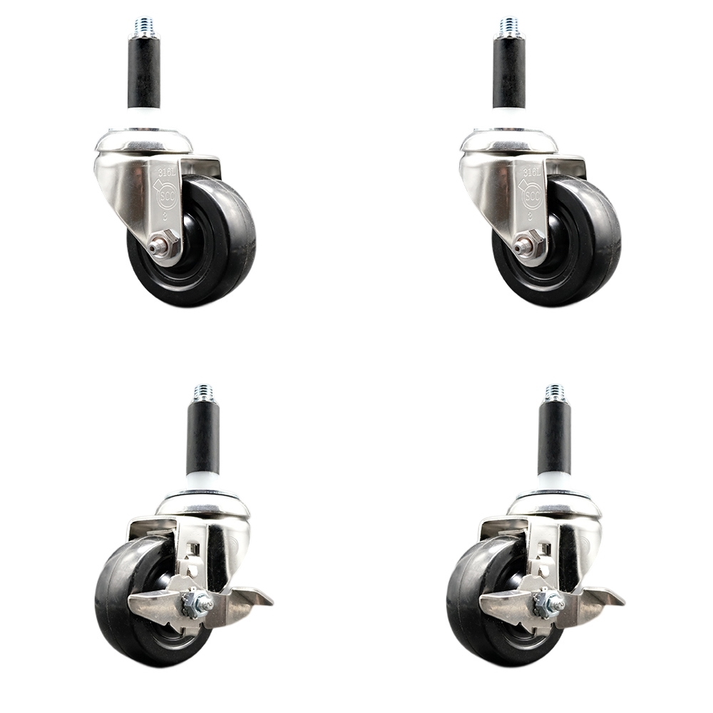 Soft Rubber Swivel Stem Caster with 3 in. Caster Wheels 0.75 in. Expanding Stems 316 Stainless Steel Casters - Set of 4