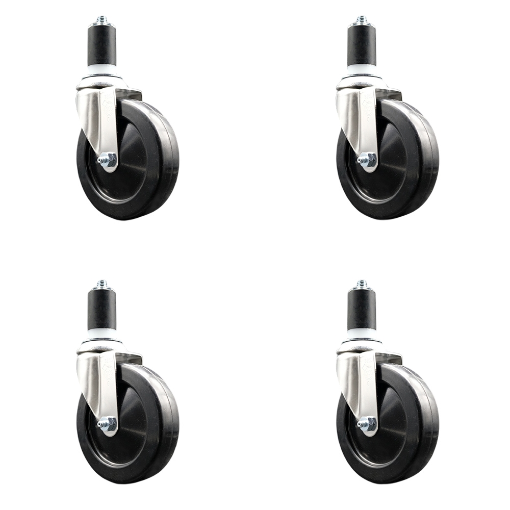 Hard Rubber Swivel Stem Caster with 5 in. Black Caster Wheels, 1.63 in. Expanding Stems - 316 Stainless Steel Casters - Set of 4
