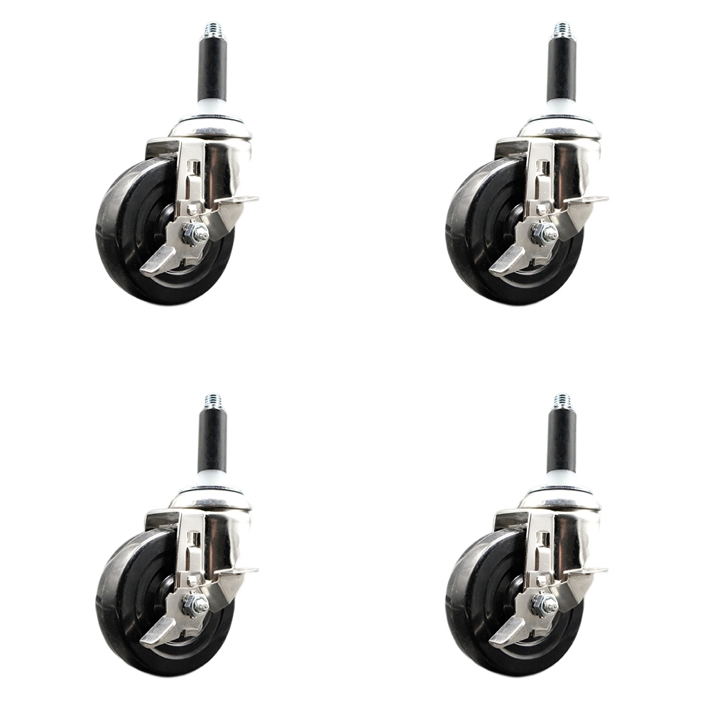 Soft Rubber Swivel Stem Caster with 4 in. Caster Wheels 0.75 in. Expanding Stems 316 Stainless Steel Casters - Set of 4