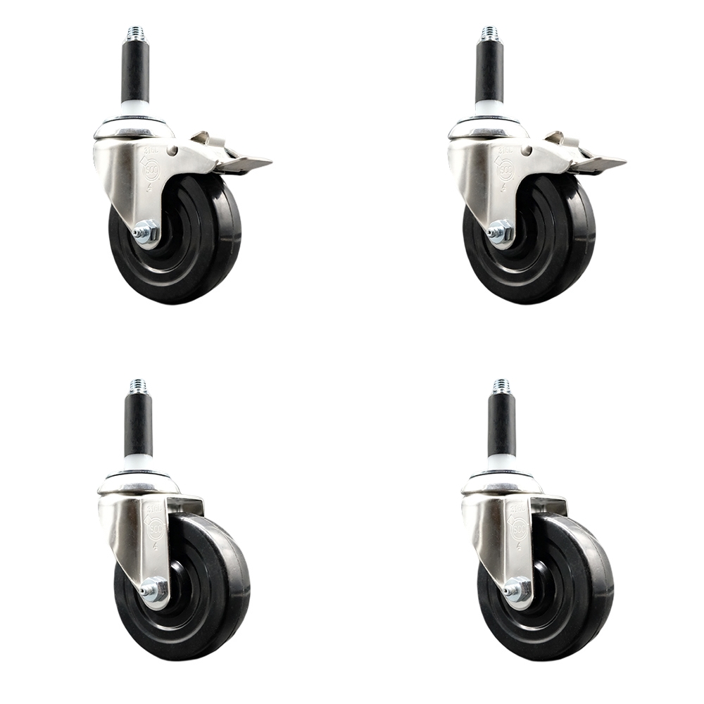 Soft Rubber Swivel Stem Caster with 4 in. Caster Wheels 0.87 in. Expanding Stem 316 Stainless Steel Casters - Set of 4
