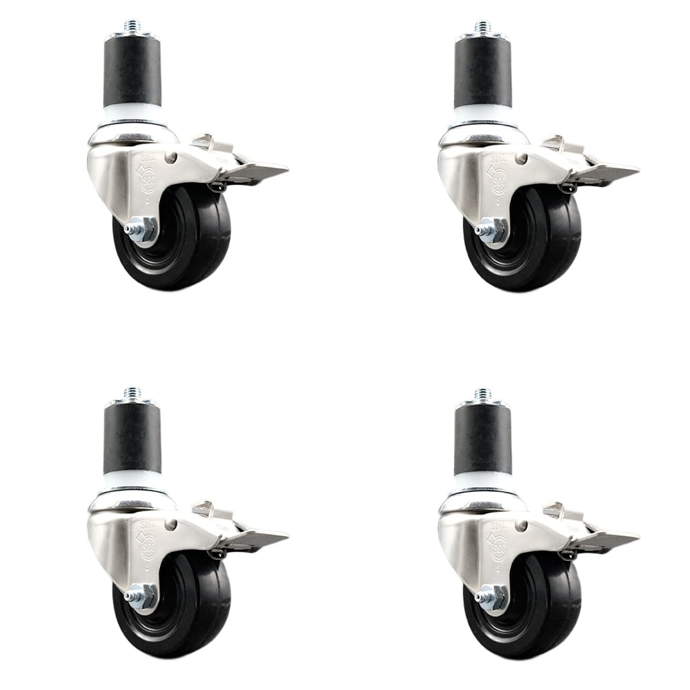 Hard Rubber Swivel Stem Caster with 3 in. Caster Wheels, 1.75 in. Expanding Stems - 316 Stainless Steel Casters - Set of 4