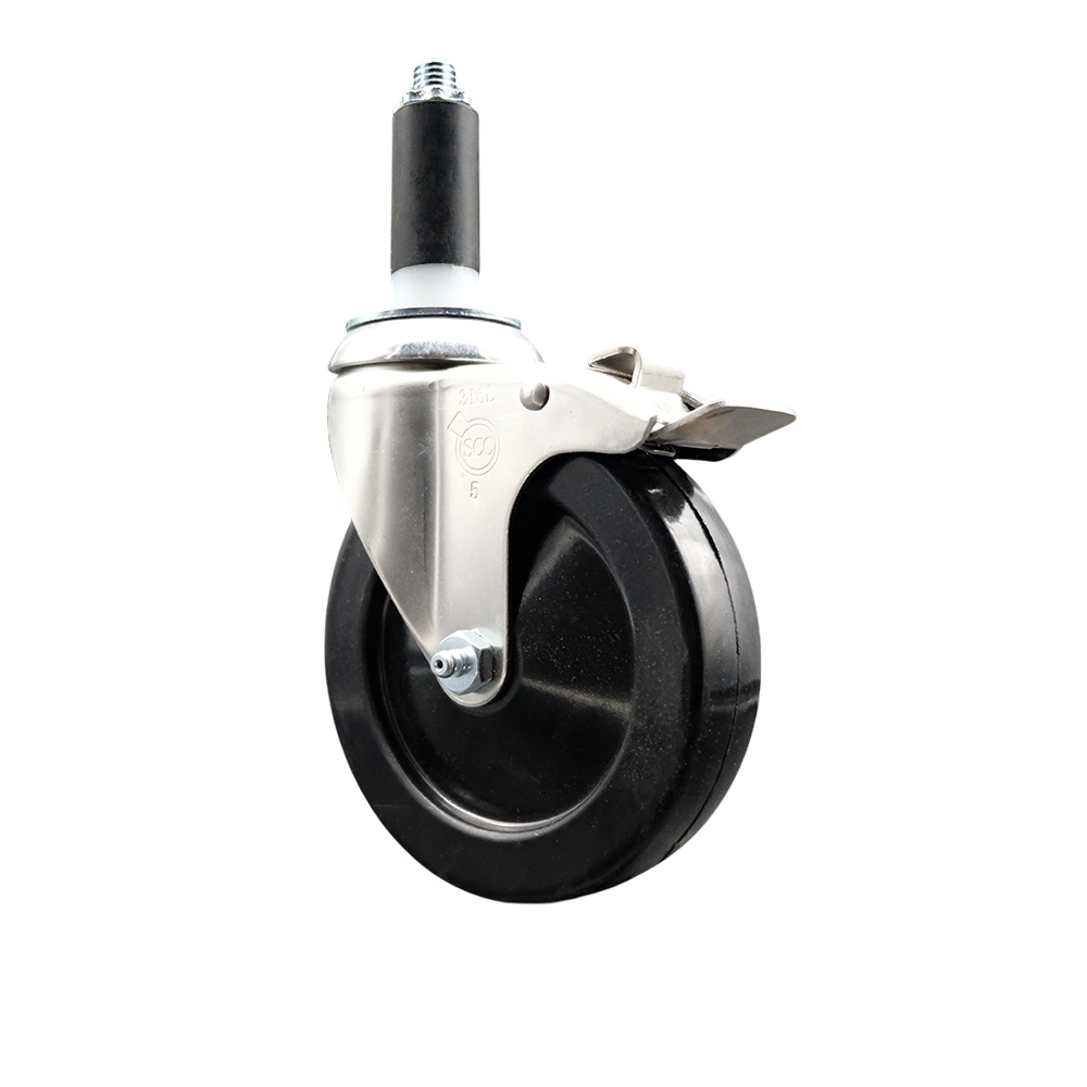 Soft Rubber Swivel Stem Caster with 5 in. Black Caster Wheel & Total Lock Brake 1.13 in. Expanding Stem 316 Stainless Steel Caster