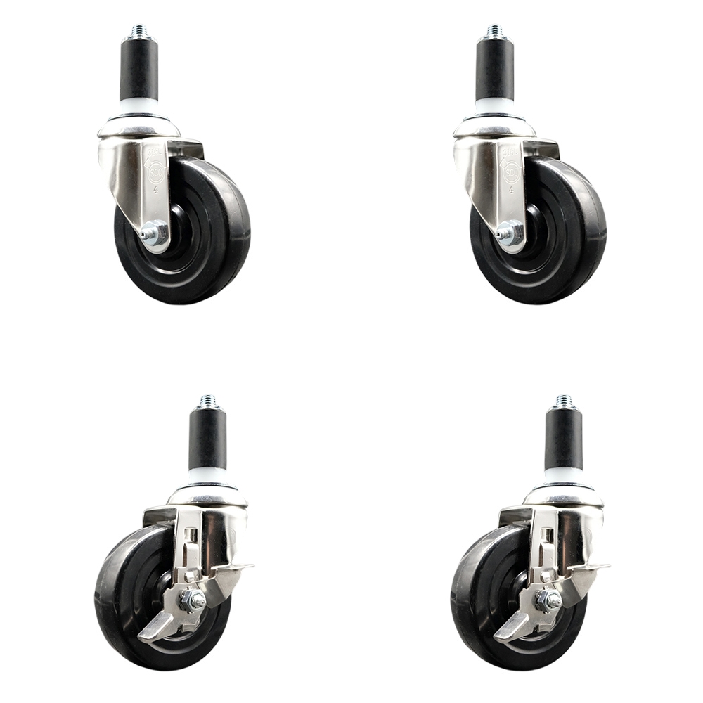 Soft Rubber Swivel Stem Caster with 4 in. Caster Wheels 1.25 in. Expanding Stems 316 Stainless Steel Casters - Set of 4
