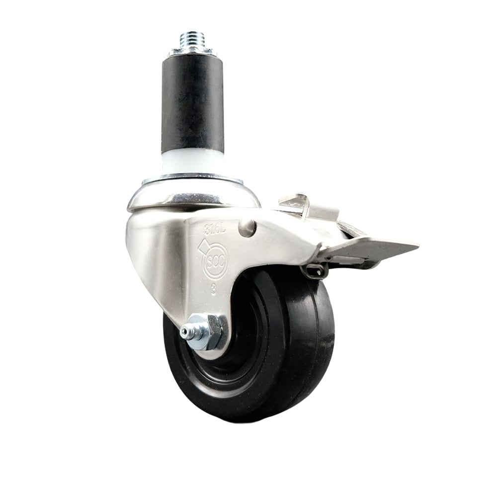 Soft Rubber Swivel Stem Caster with 3 in. Black Caster Wheel & Total Lock Brake 1.38 in. Expanding Stem 316 Stainless Steel Caster