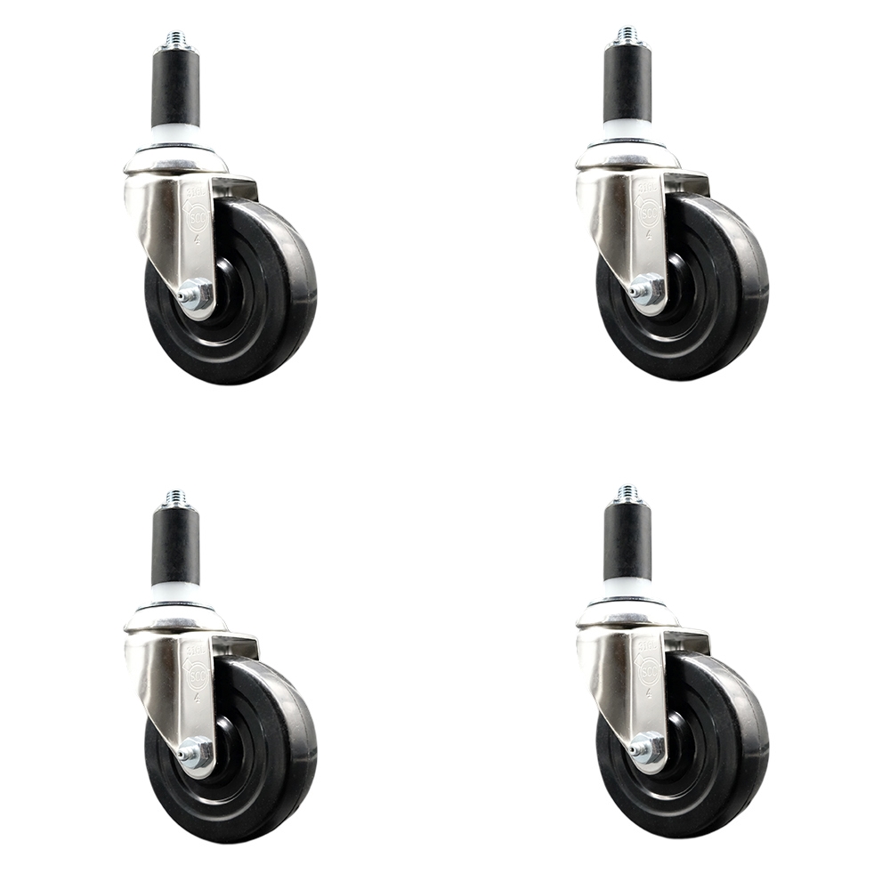 Soft Rubber Swivel Stem Caster with 4 in. Black Caster Wheels 1.38 in. Expanding Stems 316 Stainless Steel Casters - Set of 4