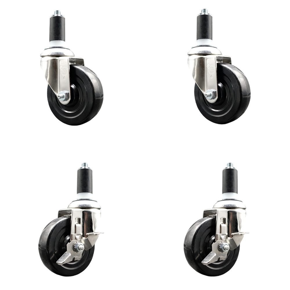Soft Rubber Swivel Stem Caster with 4 in. Caster Wheels 1.38 in. Expanding Stems 316 Stainless Steel Casters - Set of 4