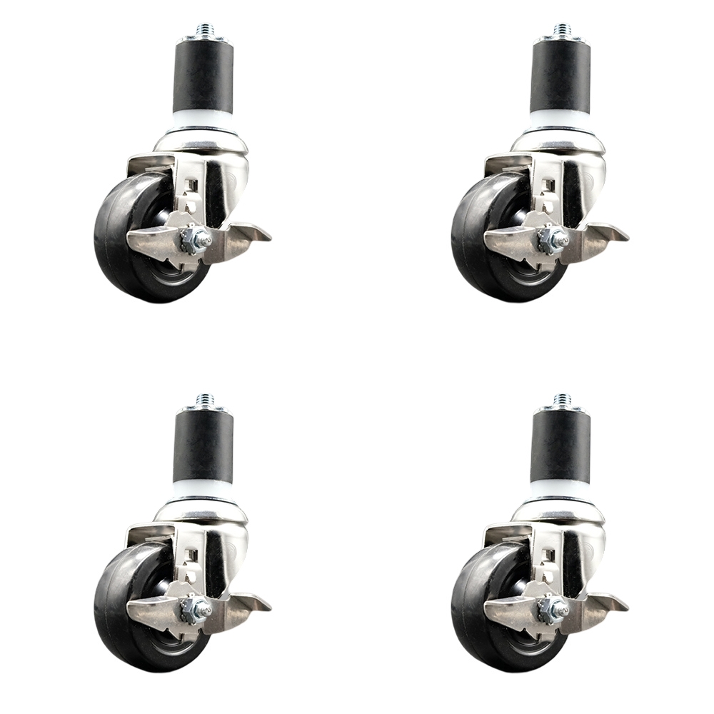Hard Rubber Swivel Stem Caster with 3.5 in. Caster Wheels, 1.75 in. Expanding Stems - 316 Stainless Steel Casters - Set of 4