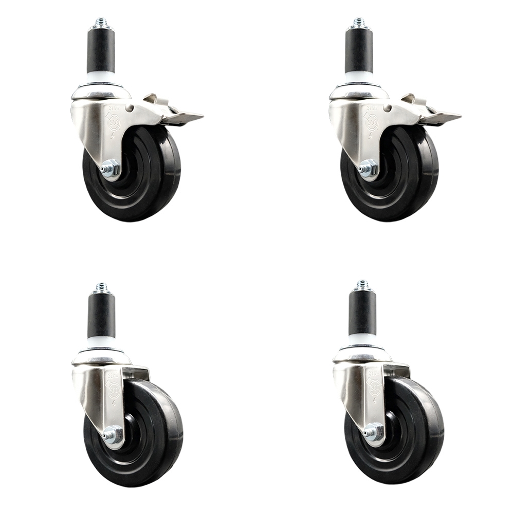 Soft Rubber Swivel Stem Caster with 4 in. Caster Wheels 1.38 in. Expanding Stem 316 Stainless Steel Casters - Set of 4