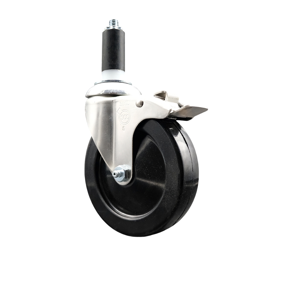 Soft Rubber Swivel Stem Caster with 5 in. Black Caster Wheel & Total Lock Brake 1.38 in. Expanding Stem 316 Stainless Steel Caster