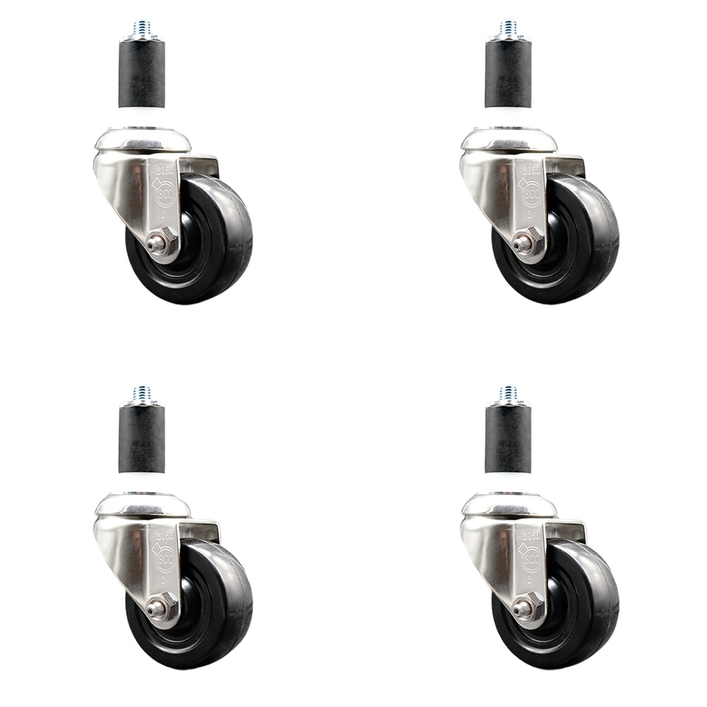 Soft Rubber Swivel Stem Caster with 3.5 in. Black Caster Wheels 1.5 in. Expanding Stems 316 Stainless Steel Casters - Set of 4