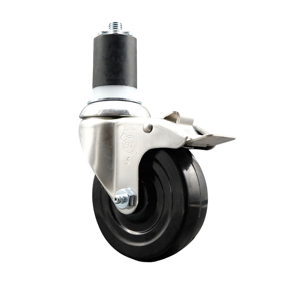 Soft Rubber Swivel Stem Caster with 4 in. Black Caster Wheel & Total Lock Brake 1.75 in. Expanding Stem 316 Stainless Steel Caster