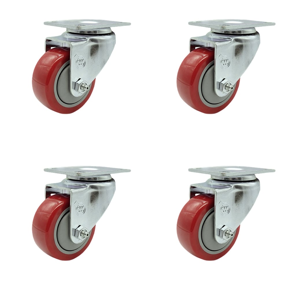 SCC-20S314-PPUB-RED-TP3-4 Swivel Caster with 3 in. Red Polyurethane Wheel - 4 x 4.5 in. Overall Top Plate - Set of 4