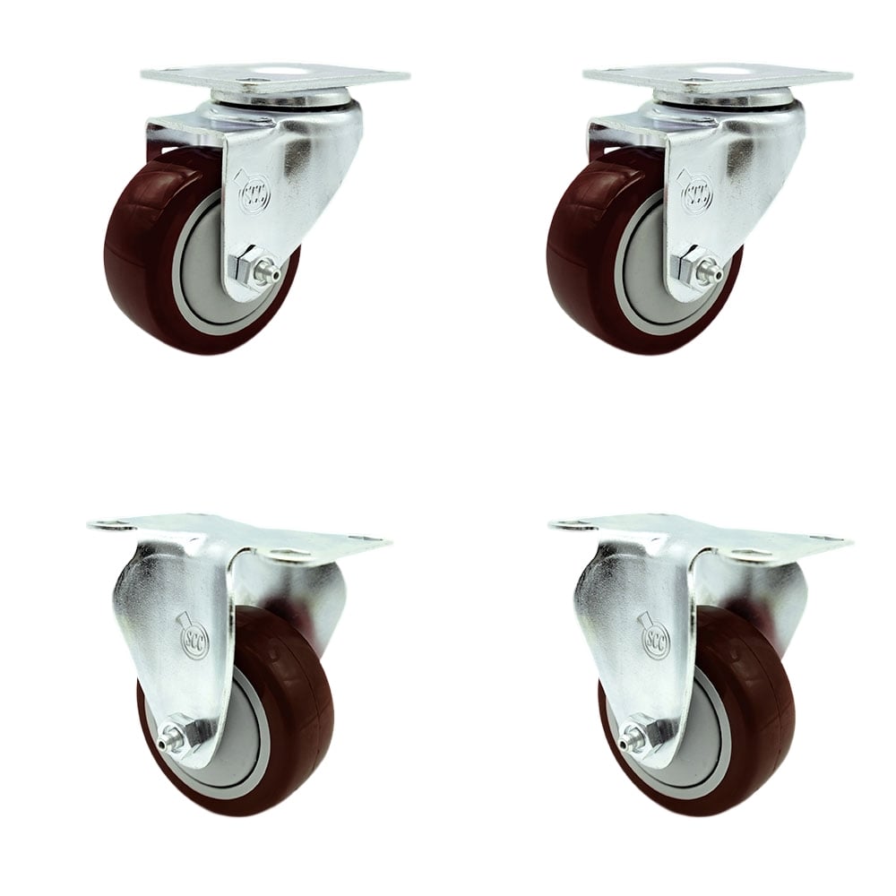 SCC-20S314-PPUB-MRN-TP2-2-R-2 Swivel Caster with 2 Rigid Casters, 3 in. Maroon Polyurethane Wheel - 3.13 x 4.13 in. Overall Top Plate - Set of 4