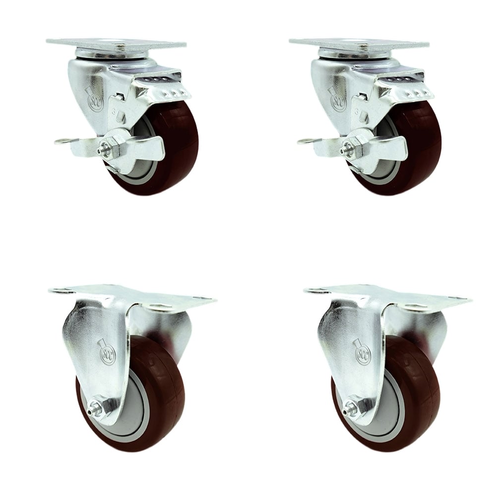 Swivel Caster with 2 Brakes & 2 Rigid, 3 in. Maroon Polyurethane Wheel - 3.13 x 4.13 in. Overall Top Plate - Set of 4