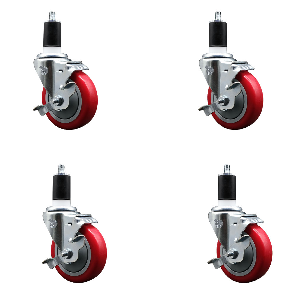Stainless Steel Polyurethane Swivel Expanding Stem Caster with 4 in. Red Wheels & 1.5 in. Stems 4 Swivel with Top Locking Brakes - Set of 4