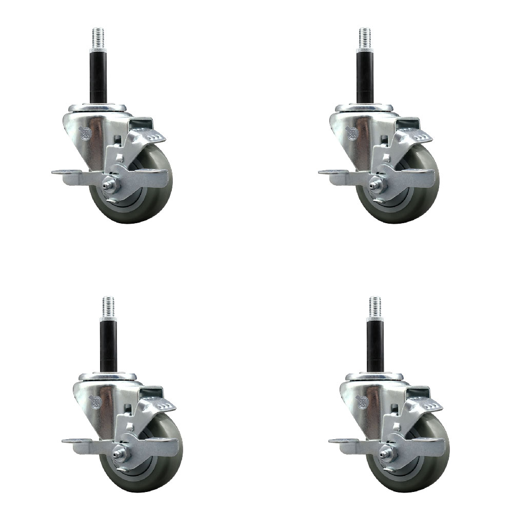 Stainless Steel Polyurethane Swivel Expanding Stem Caster with 3 in. Gray Wheels & 0.75 in. Stems 4 Swivel with Top Locking Brakes - Set of 4