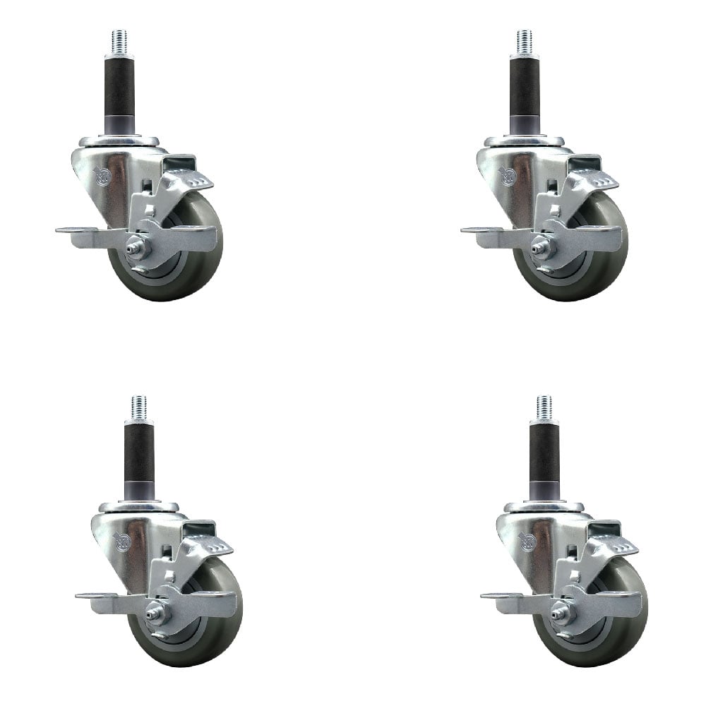 Stainless Steel Polyurethane Swivel Expanding Stem Caster with 3 in. Gray Wheels & 1 in. Stems 4 Swivel with Top Locking Brakes - Set of 4