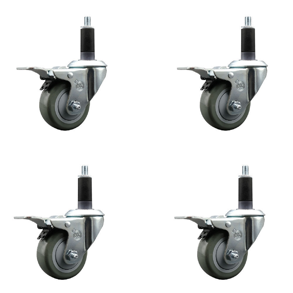 Stainless Steel Polyurethane Swivel Expanding Stem Caster with 3 in. Gray Wheels & 1.13 in. Stems 4 Swivel with Total Locking Brakes - Set of 4