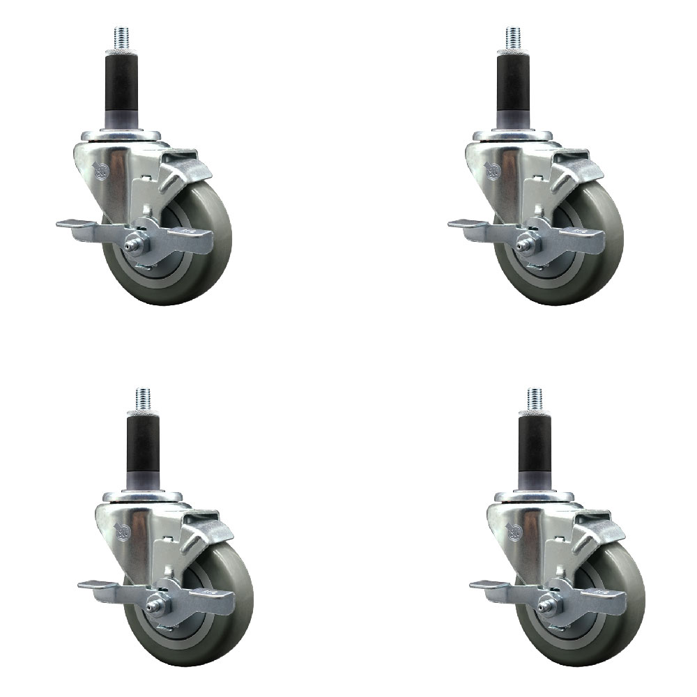 Stainless Steel Polyurethane Swivel Expanding Stem Caster with 3.5 in. Gray Wheels & 1.13 in. Stems 4 Swivel with Top Locking Brakes - Set of 4