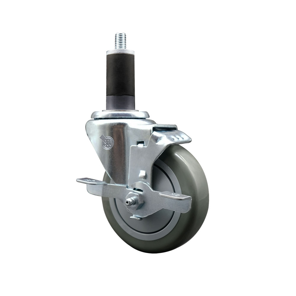 Stainless Steel Polyurethane Expanding Stem Swivel Caster with 4 in. Gray Wheel & 1.25 in. Stem & Top Locking Brake