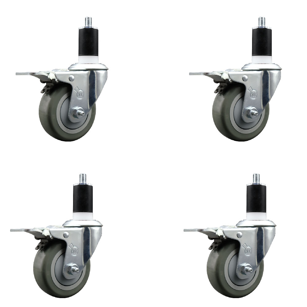 Stainless Steel Polyurethane Swivel Expanding Stem Caster with 3.5 in. Gray Wheels & 1.5 in. Stems 4 Swivel with Total Locking Brakes - Set of 4