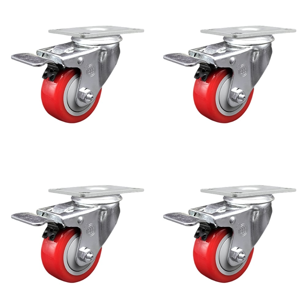 SCC-TTL20S314-PPUB-RED-4 Polyurethane Swivel Top Plate Caster with 3 in. Red Wheels - Set of 4