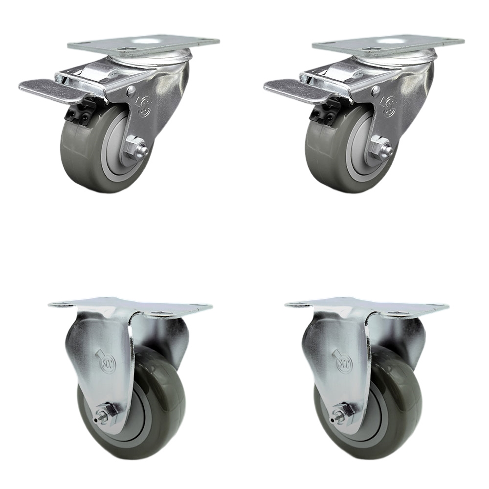 Stainless Steel Polyurethane Top Plate Caster with 3.5 x 1.25 in. Gray Wheels, 2 Swivel Casters with Total Locking Brake & 2 Rigid - Set of 4